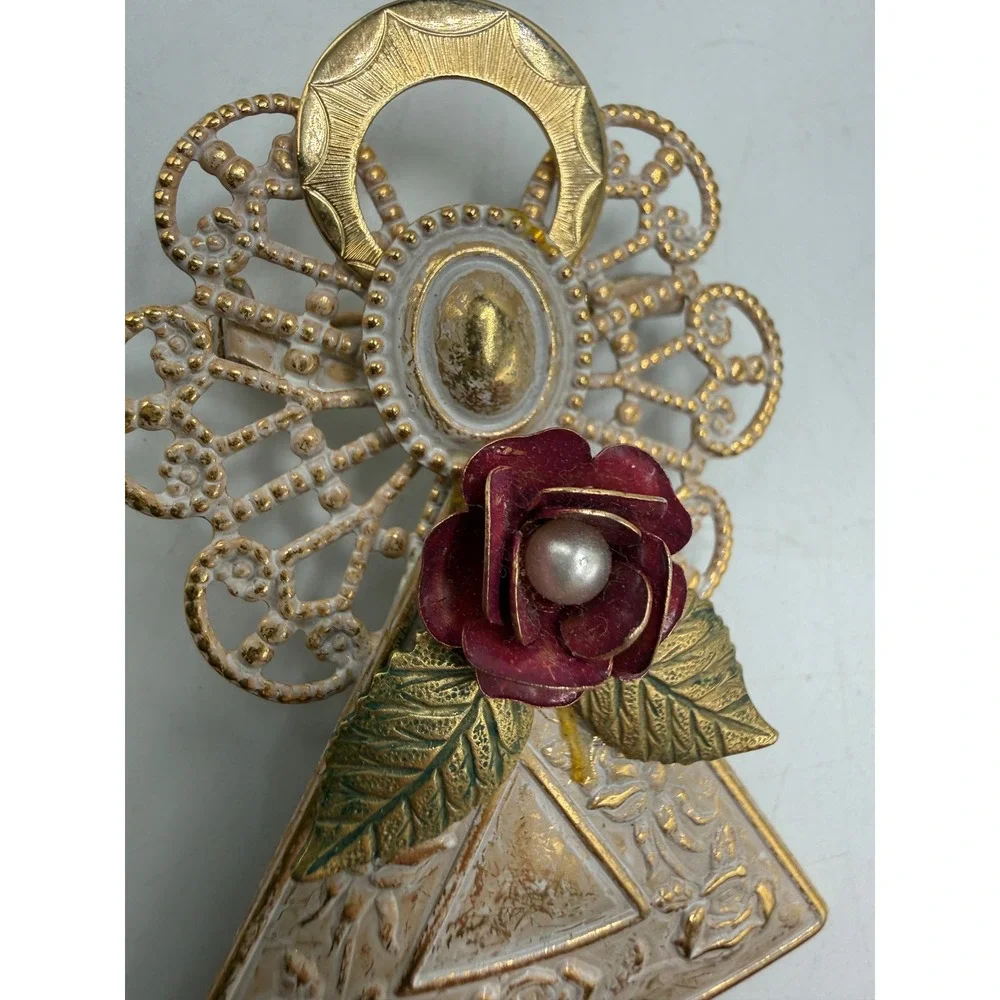 Vintage Angel Brooch Gold Tone Filigree Red Rose Faux Pearl Enamel Pin